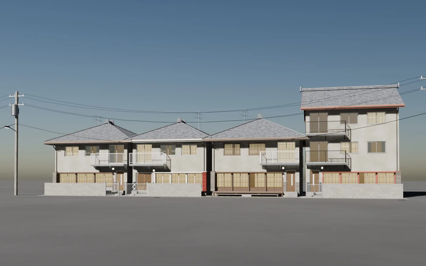 Rue japonaise de quatre maisons détachées