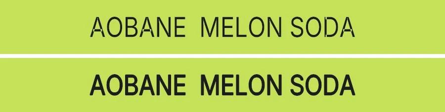 Le texte AOBANE MELON SODA deux fois : en haut les A sans barre, en bas des lettres pleines