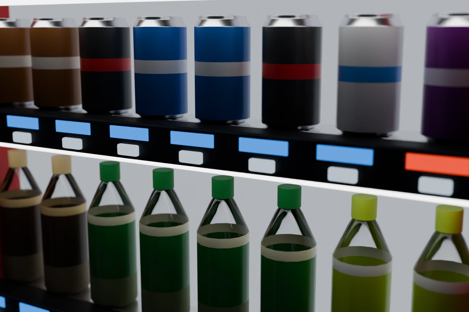 Gros plan sur la vitrine, produits en aplats de couleur