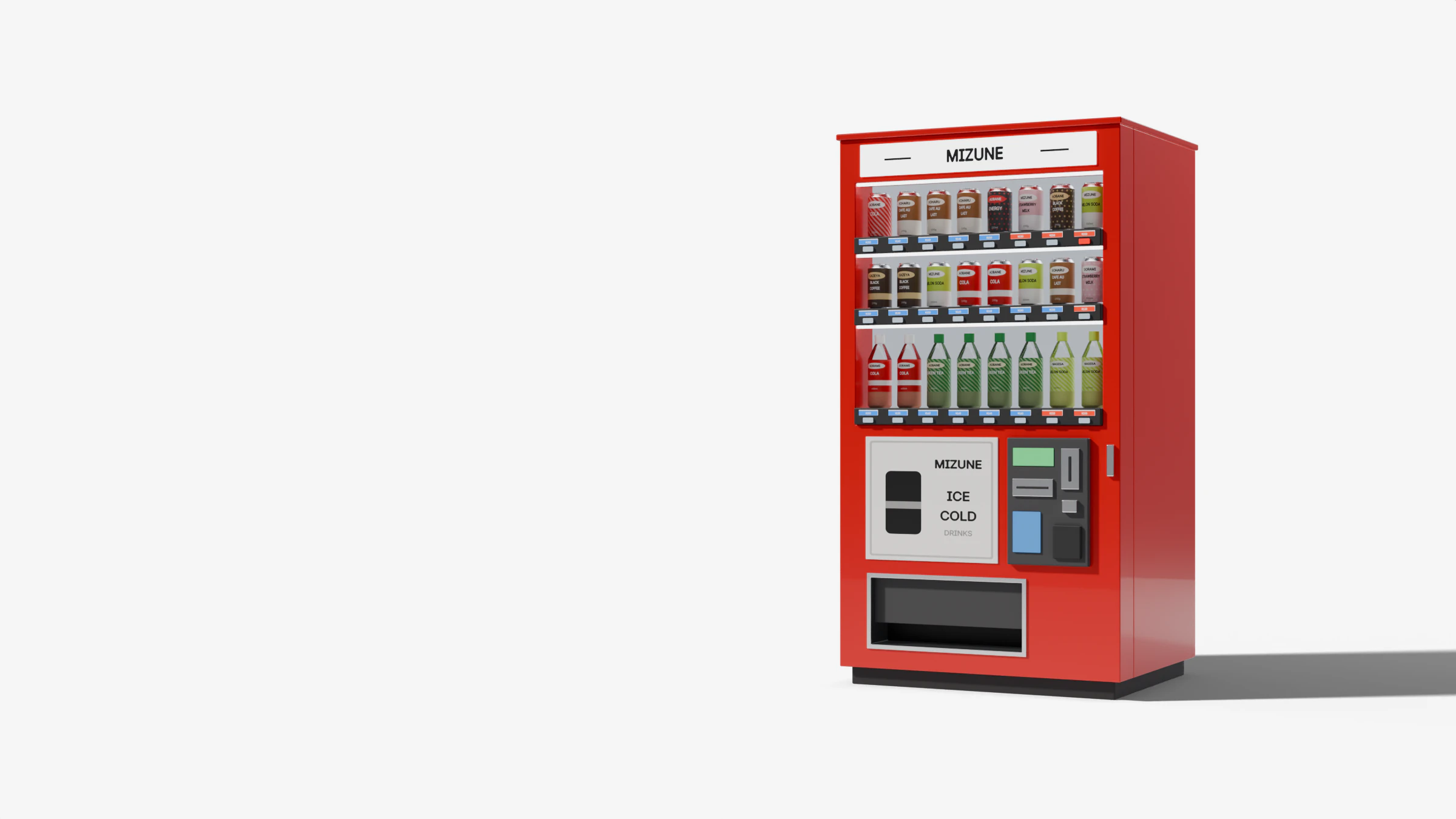 Un distributeur automatique japonais rouge généré par l’add-on, mi-rendu Cycles, mi-filaire