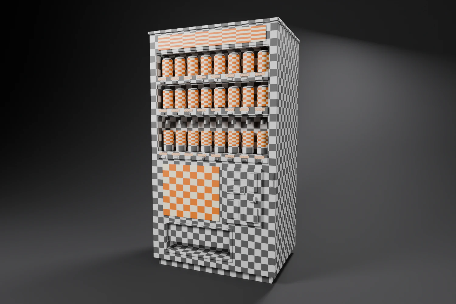 Le distributeur couvert d’un damier gris, et d’un damier orange sur les étiquettes, l’affiche et l’enseigne