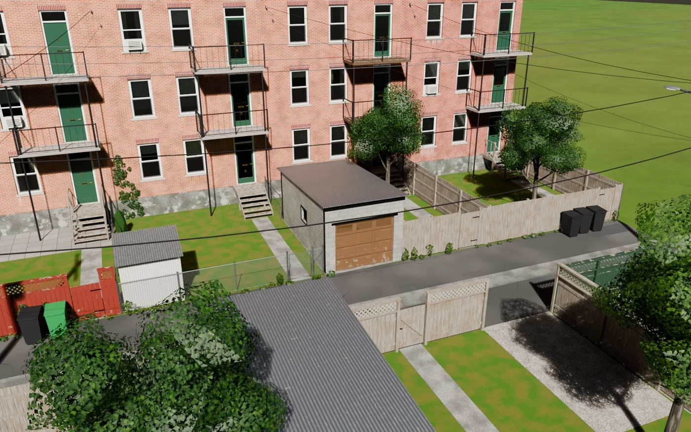Ruelle arrière avec cours, clôtures et garages