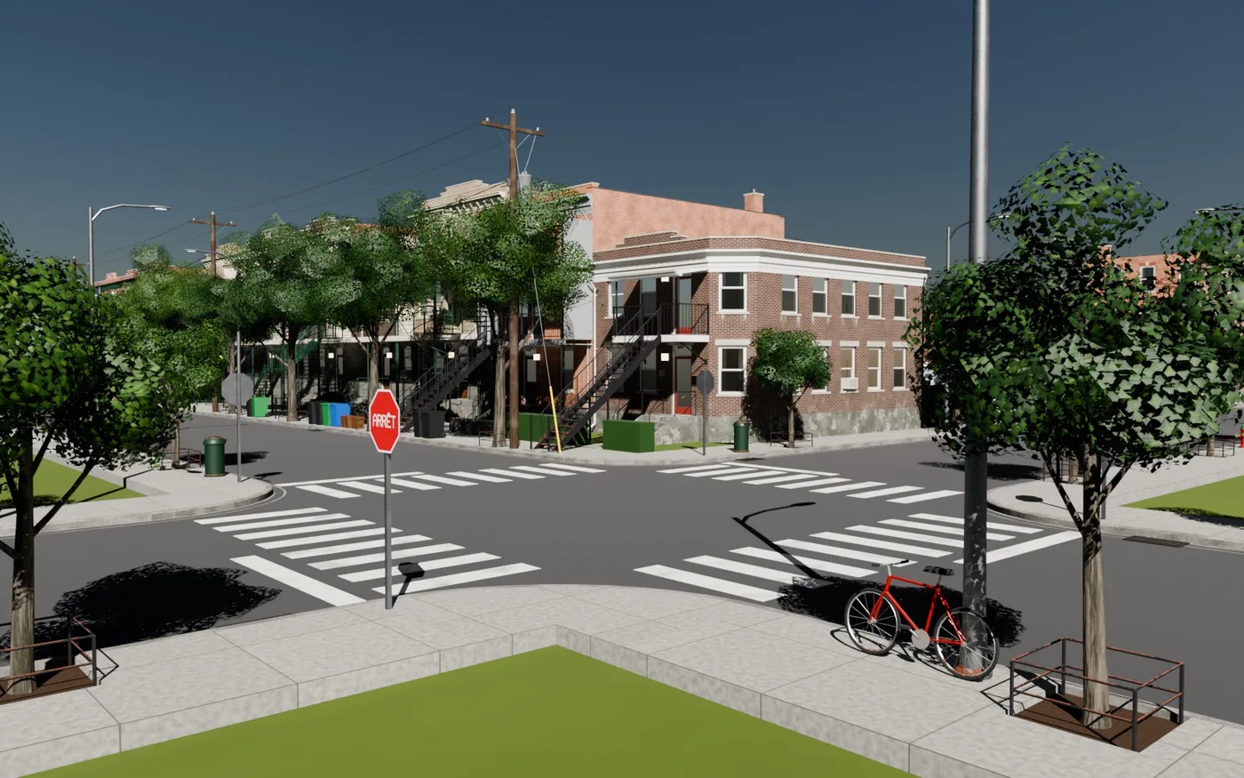 Intersection d'un quartier généré avec passages piétons