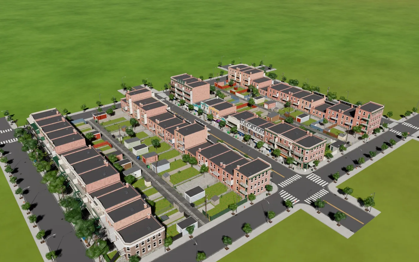 Quartier généré vu de haut : trame de rues et îlots de plex