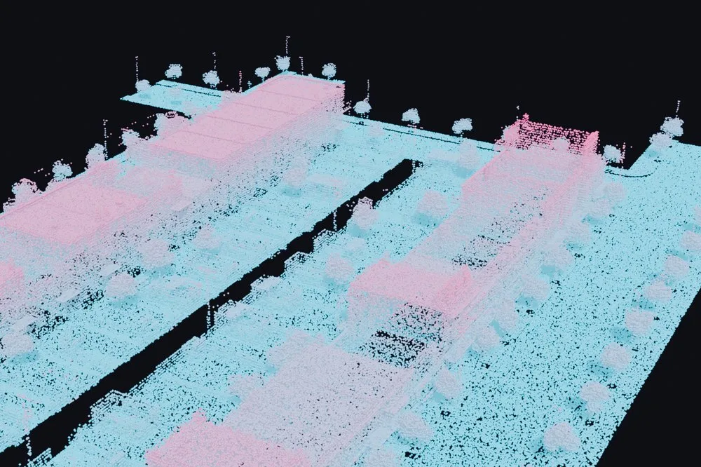 Le quartier en preset LiDAR, bâtiments roses et sol cyan
