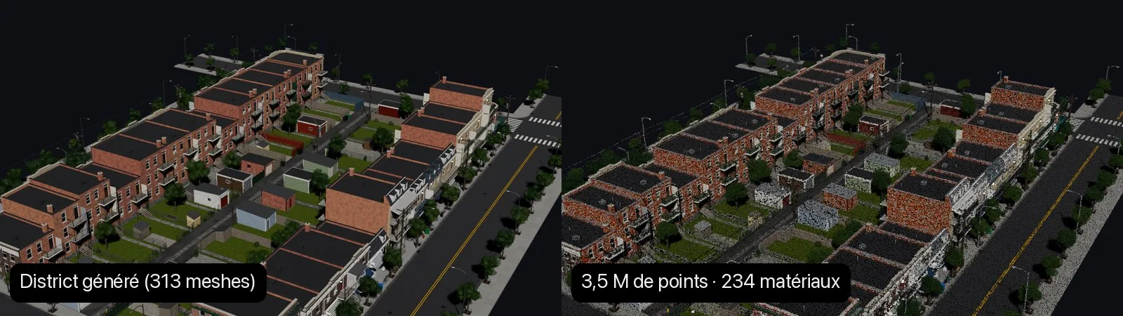 Un quartier montréalais généré et son nuage de points de 3,5 millions de points