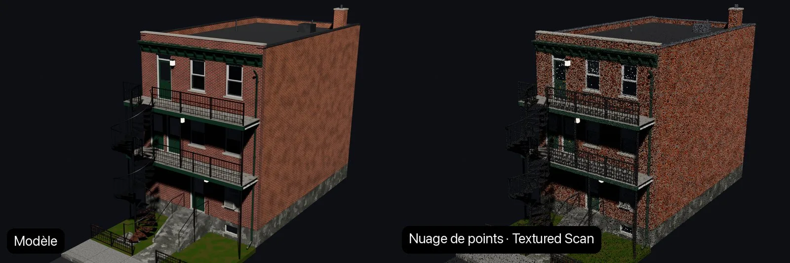 Une maison montréalaise en briques et son nuage de points texturé, côte à côte