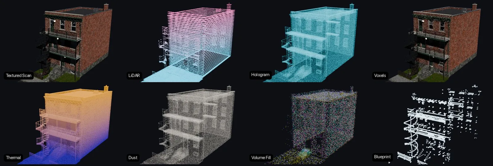 La même maison rendue avec les huit presets : Textured Scan, LiDAR, Hologram, Voxels, Thermal, Dust, Volume Fill et Blueprint