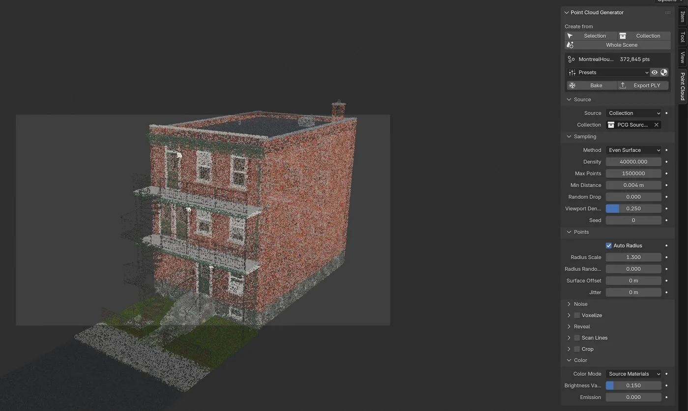 Le panneau Point Cloud dans la barre latérale du viewport de Blender, à côté du nuage d'une maison
