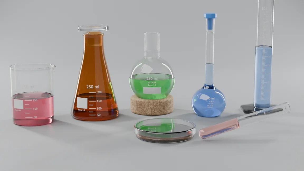 Bécher, erlenmeyer ambré, ballon sur anneau de liège, fiole jaugée, éprouvette, boîte de Pétri et tube à essai