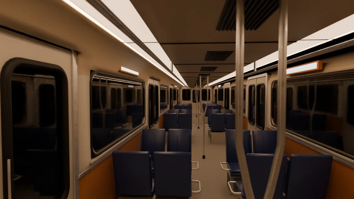 Intérieur d'une voiture MR-73 du métro de Montréal : parois crème et orange, sièges bleu marine, fourches inox