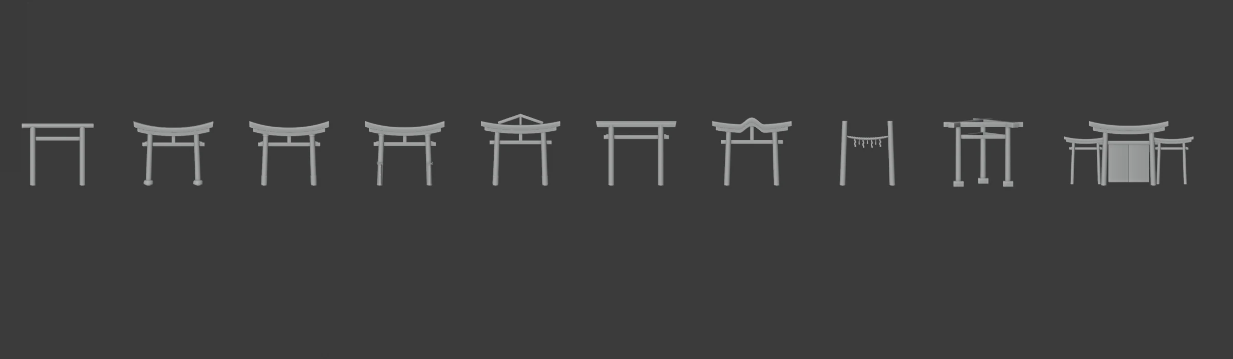 Ten first torii in grey, in a row
