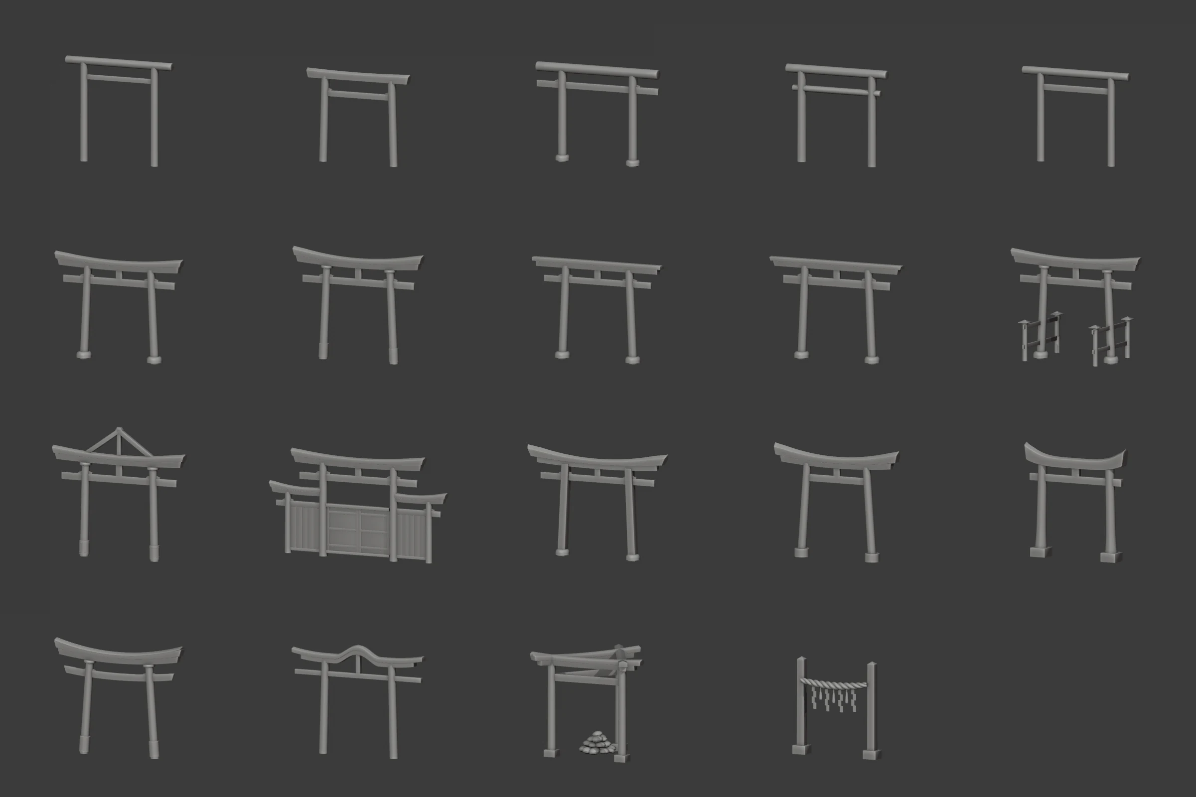 The nineteen torii types in grey, in four rows