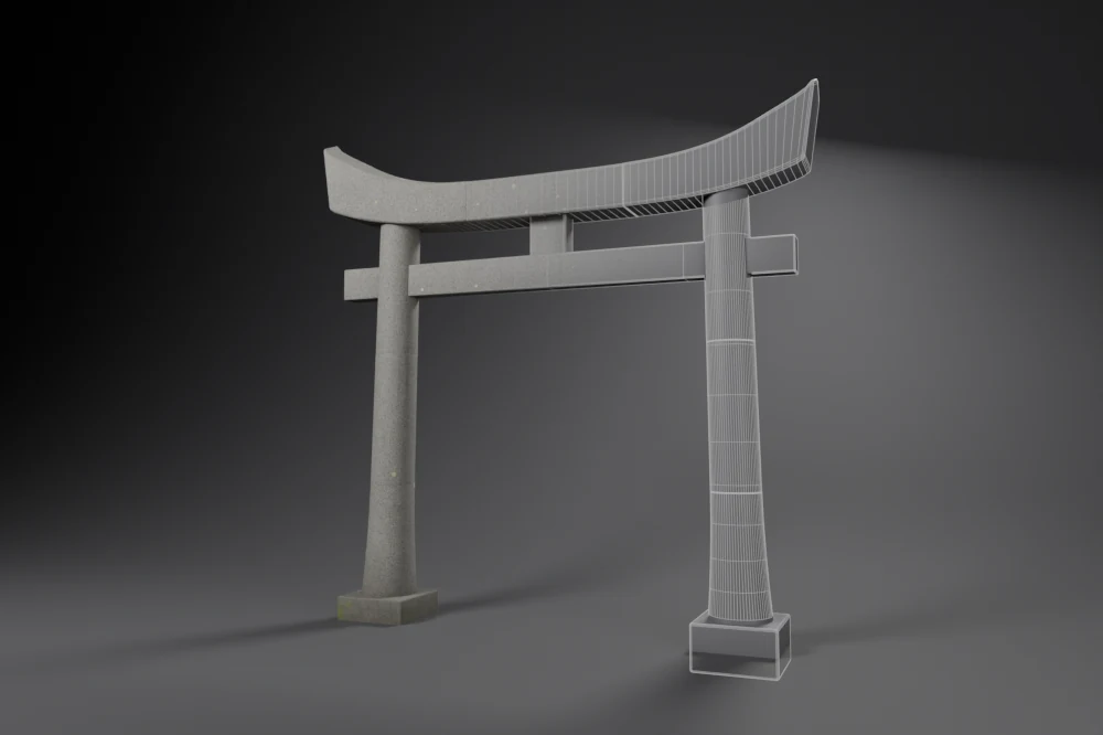 Hizen stone torii, half real, half wireframe