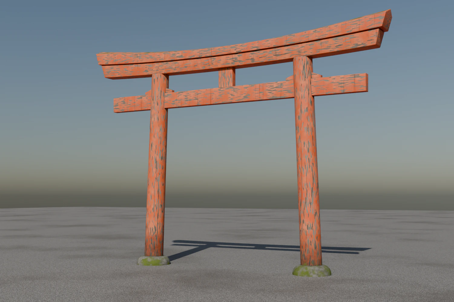 The same torii weathered, flaking paint, grime and moss at the foot